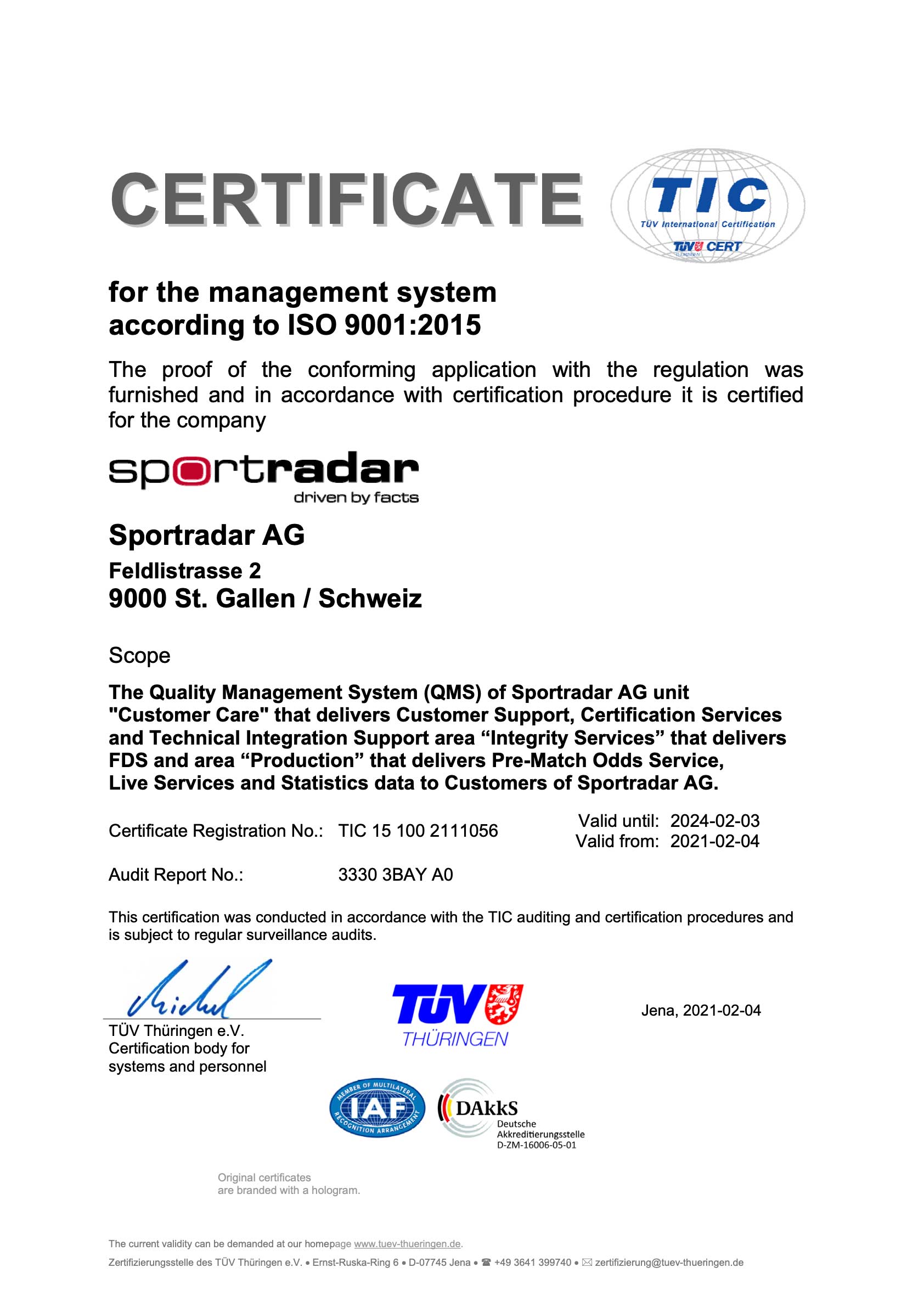 Sportradar AG Certificate ISO 9001